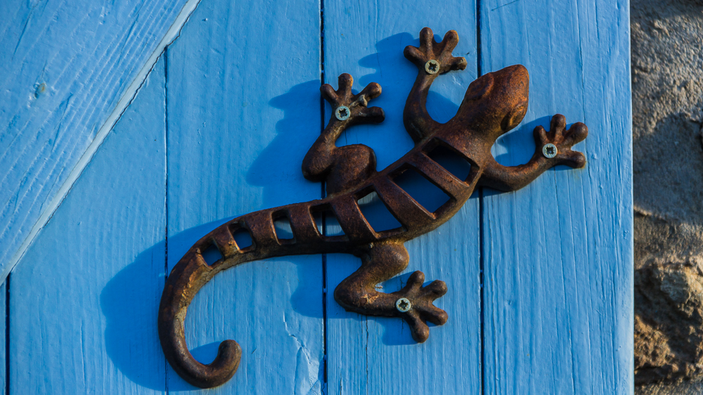 Lézard décoratif sur une porte à Eus